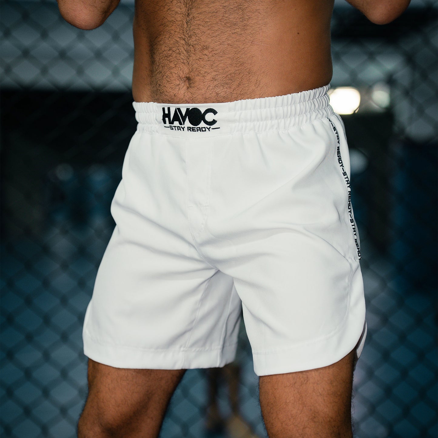 HAVOC - TOTAL WHITE FIGHT SHORTS with STAY READY Stitched on the side