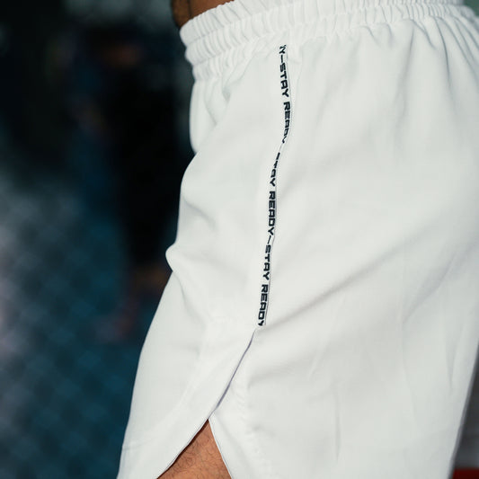HAVOC - TOTAL WHITE FIGHT SHORTS with STAY READY Stitched on the side