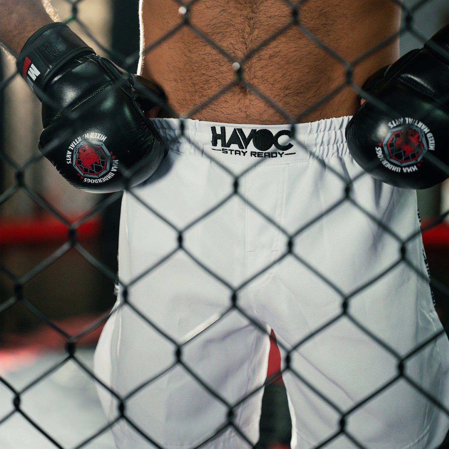 HAVOC - TOTAL WHITE FIGHT SHORTS with STAY READY Stitched on the side