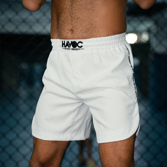 HAVOC - TOTAL WHITE FIGHT SHORTS with STAY READY Stitched on the side